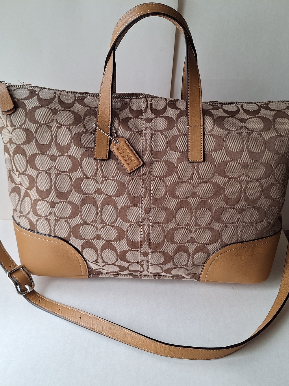 Coach Hadley Signature Zip Satchel Tote Bag with Leather Trim Laptop Shoulder